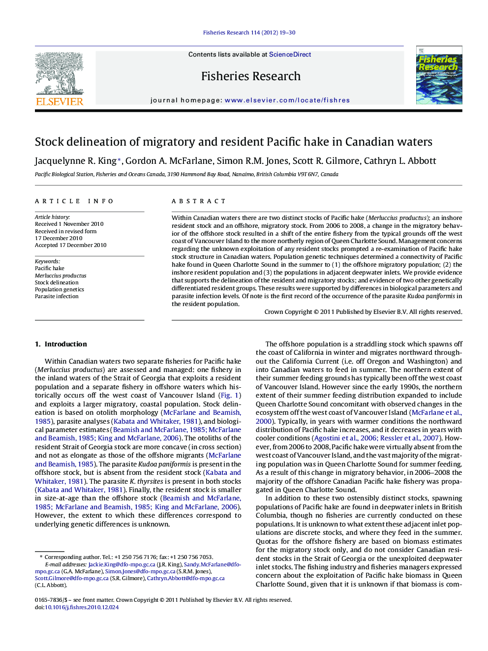 Stock delineation of migratory and resident Pacific hake in Canadian waters