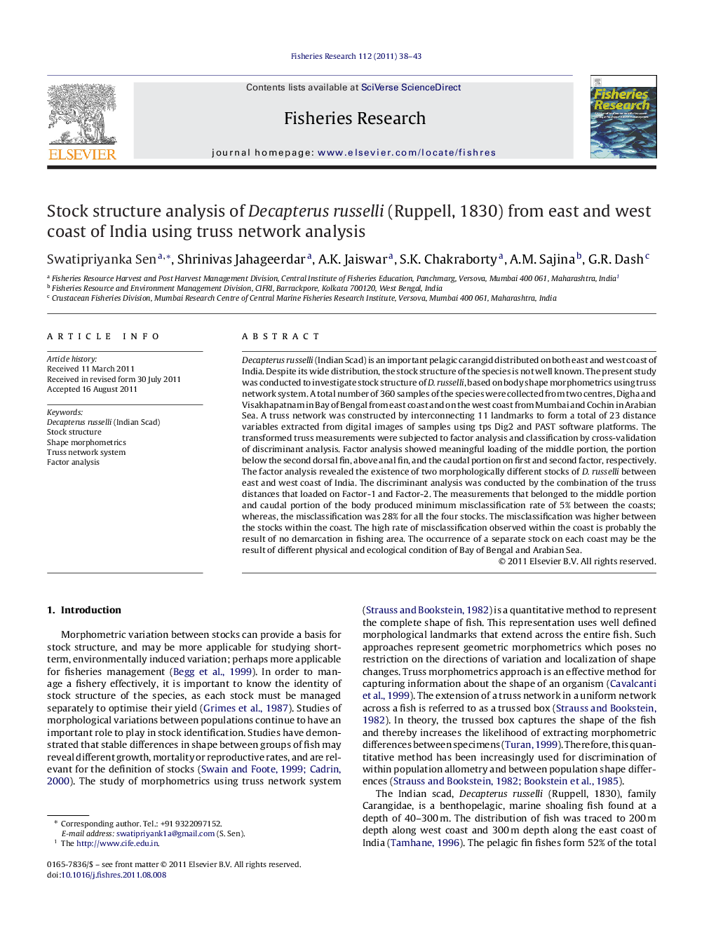 Stock structure analysis of Decapterus russelli (Ruppell, 1830) from east and west coast of India using truss network analysis