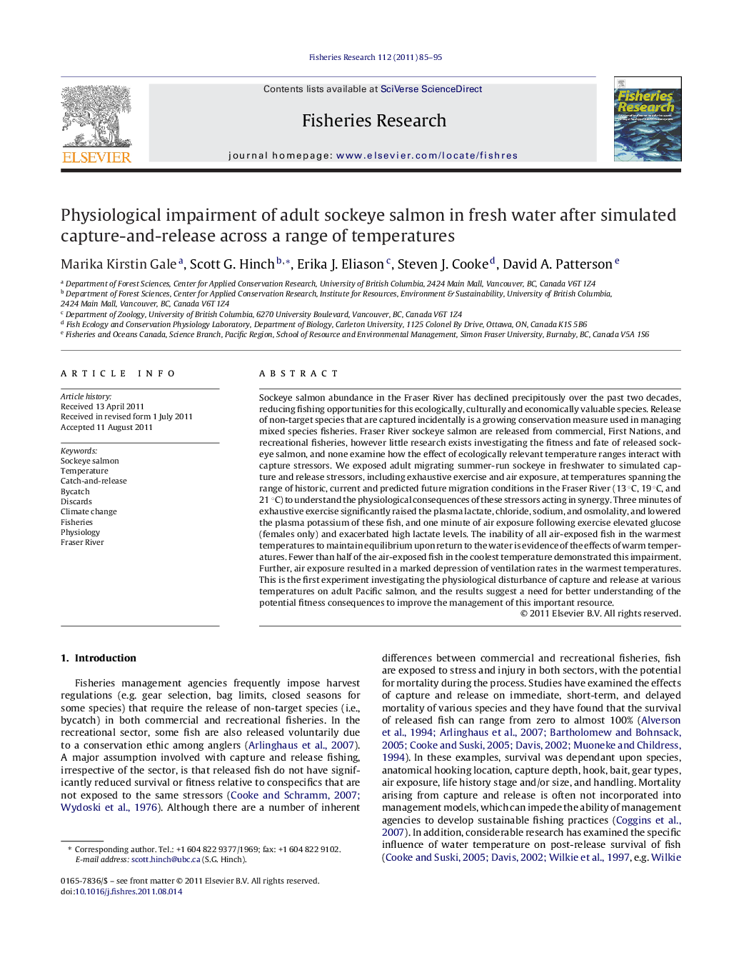 Physiological impairment of adult sockeye salmon in fresh water after simulated capture-and-release across a range of temperatures