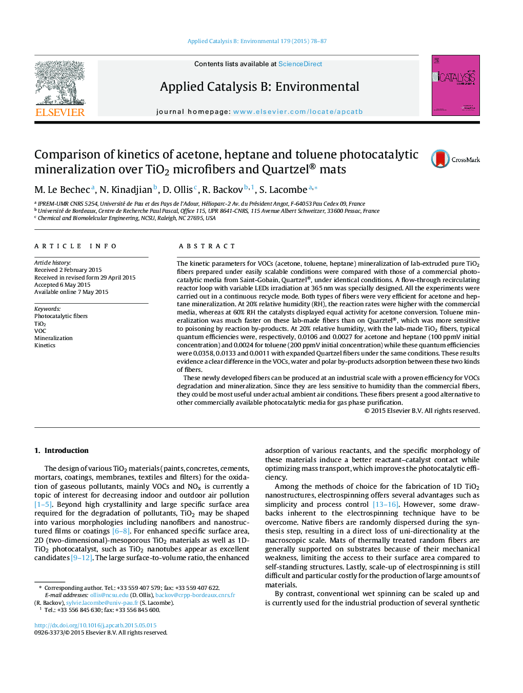 عکس صفحه اول مقاله: Comparison of kinetics of acetone, heptane and toluene photocatalytic mineralization over TiO2 microfibers and Quartzel® mats Comparison of kinetics of acetone, heptane and toluene photocatalytic mineralization over TiO2 microfibers and Quartzel® mats