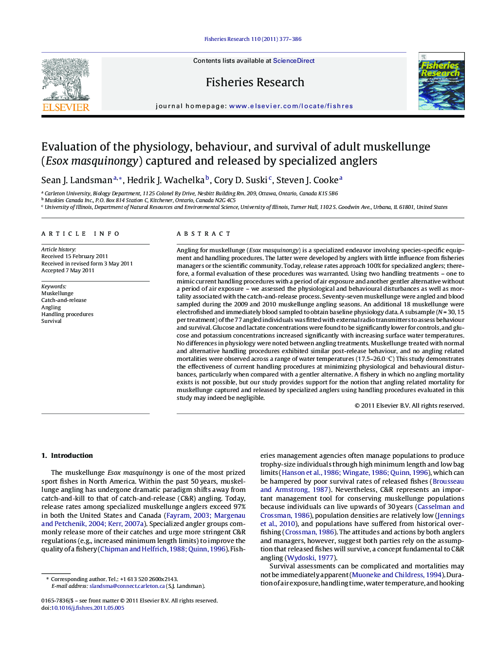 Evaluation of the physiology, behaviour, and survival of adult muskellunge (Esox masquinongy) captured and released by specialized anglers