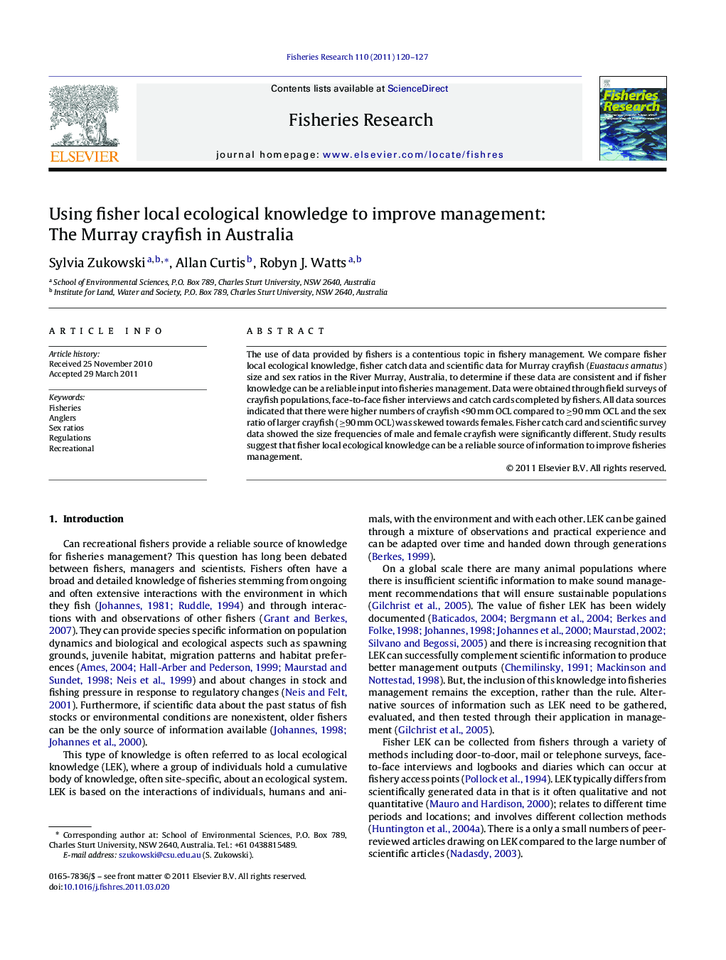 عکس صفحه اول مقاله: Using fisher local ecological knowledge to improve management: The Murray crayfish in Australia Using fisher local ecological knowledge to improve management: The Murray crayfish in Australia