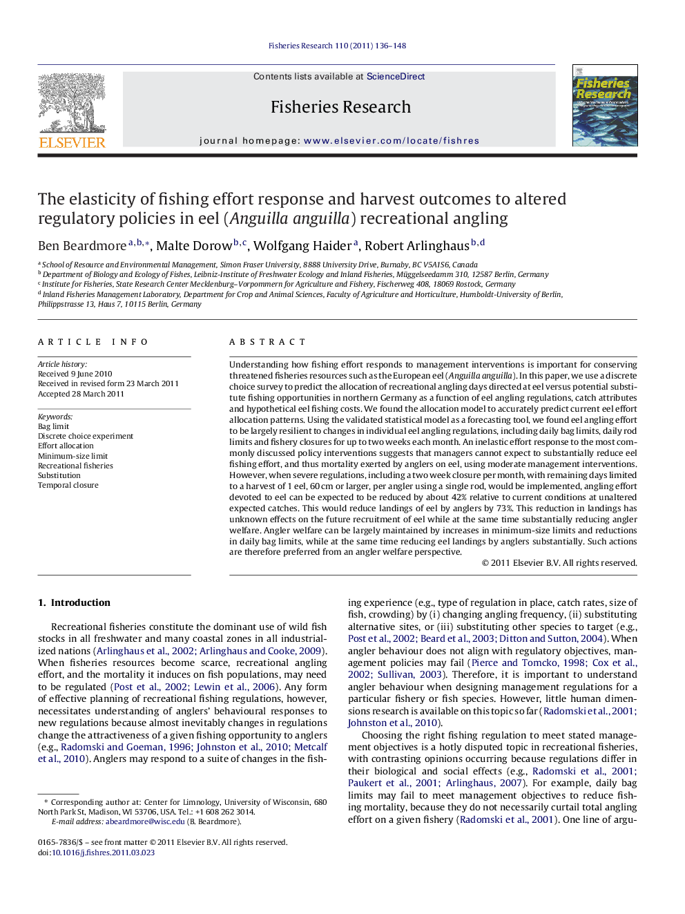 The elasticity of fishing effort response and harvest outcomes to altered regulatory policies in eel (Anguilla anguilla) recreational angling