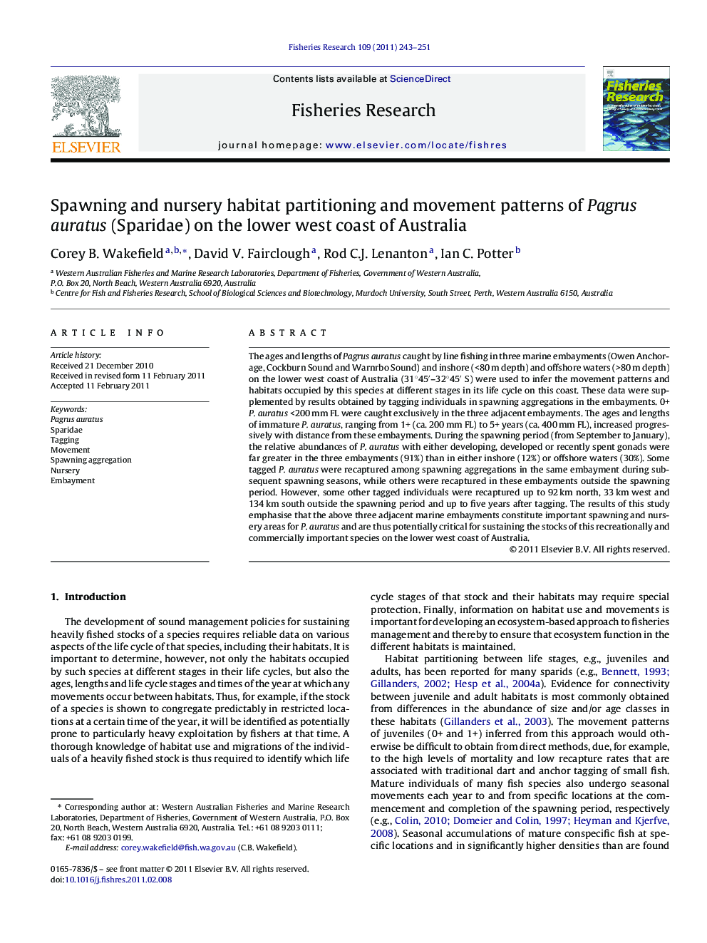 Spawning and nursery habitat partitioning and movement patterns of Pagrus auratus (Sparidae) on the lower west coast of Australia