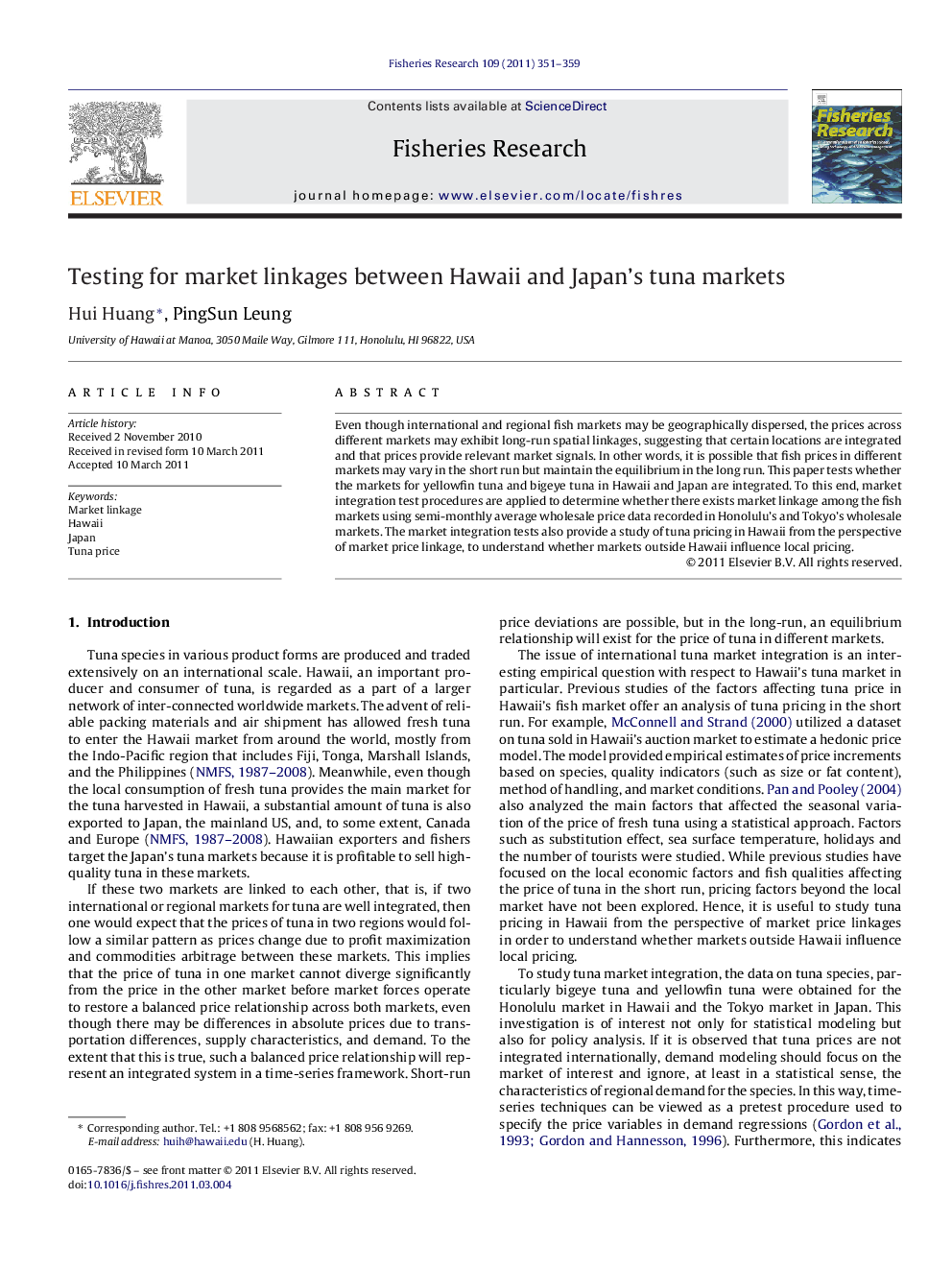 Testing for market linkages between Hawaii and Japan's tuna markets