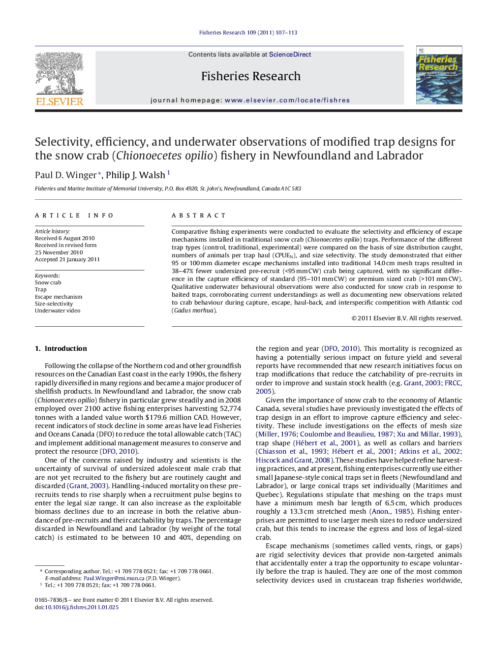 Selectivity, efficiency, and underwater observations of modified trap designs for the snow crab (Chionoecetes opilio) fishery in Newfoundland and Labrador