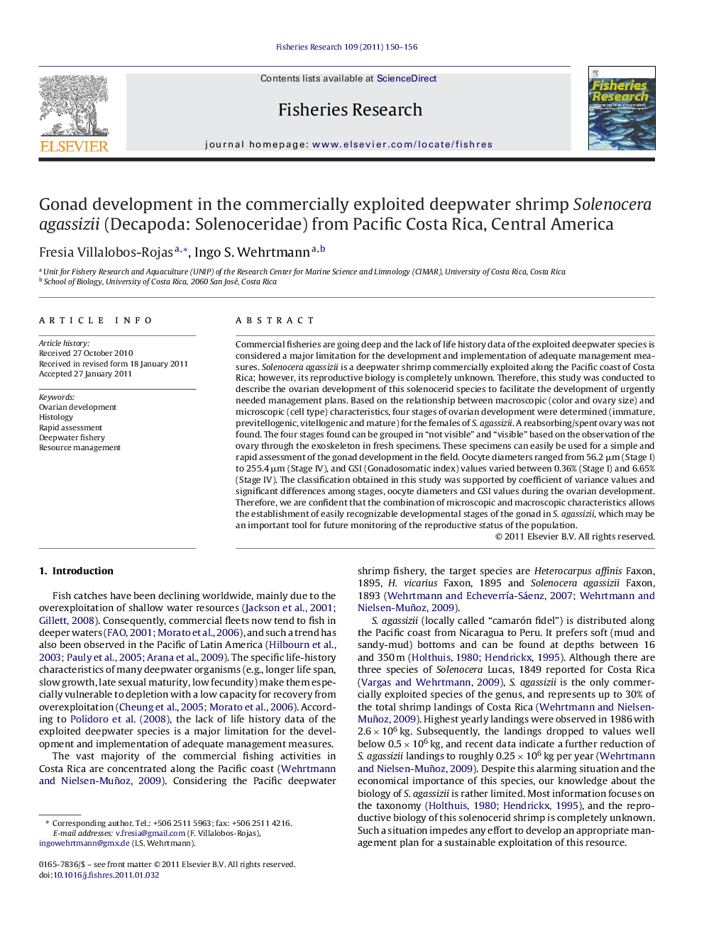 Gonad development in the commercially exploited deepwater shrimp Solenocera agassizii (Decapoda: Solenoceridae) from Pacific Costa Rica, Central America