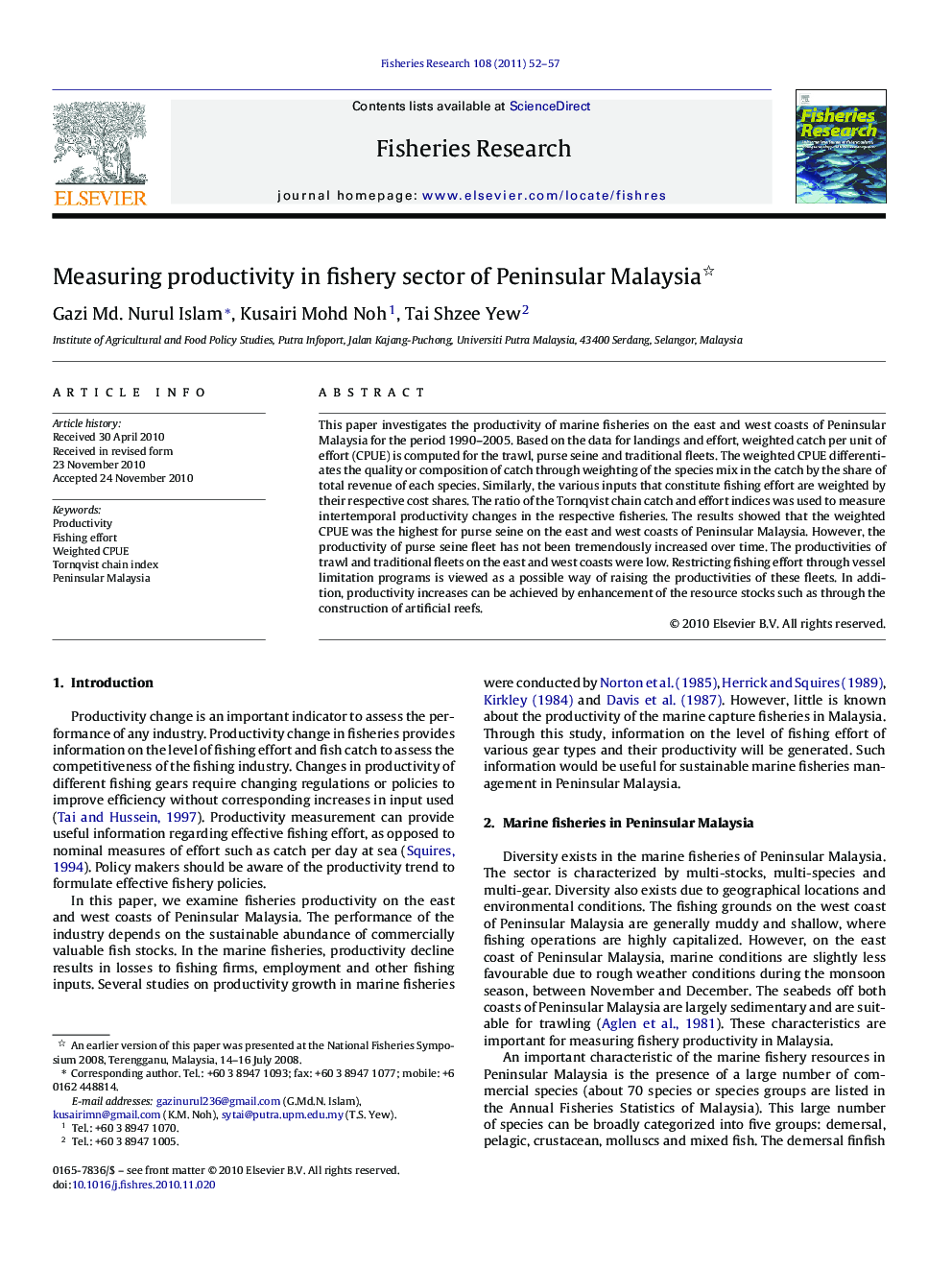 Measuring productivity in fishery sector of Peninsular Malaysia 