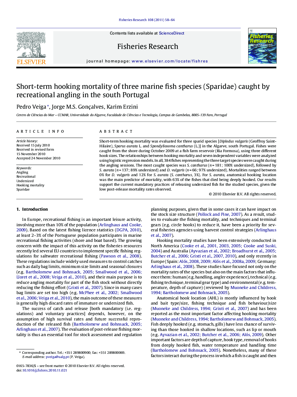 Short-term hooking mortality of three marine fish species (Sparidae) caught by recreational angling in the south Portugal