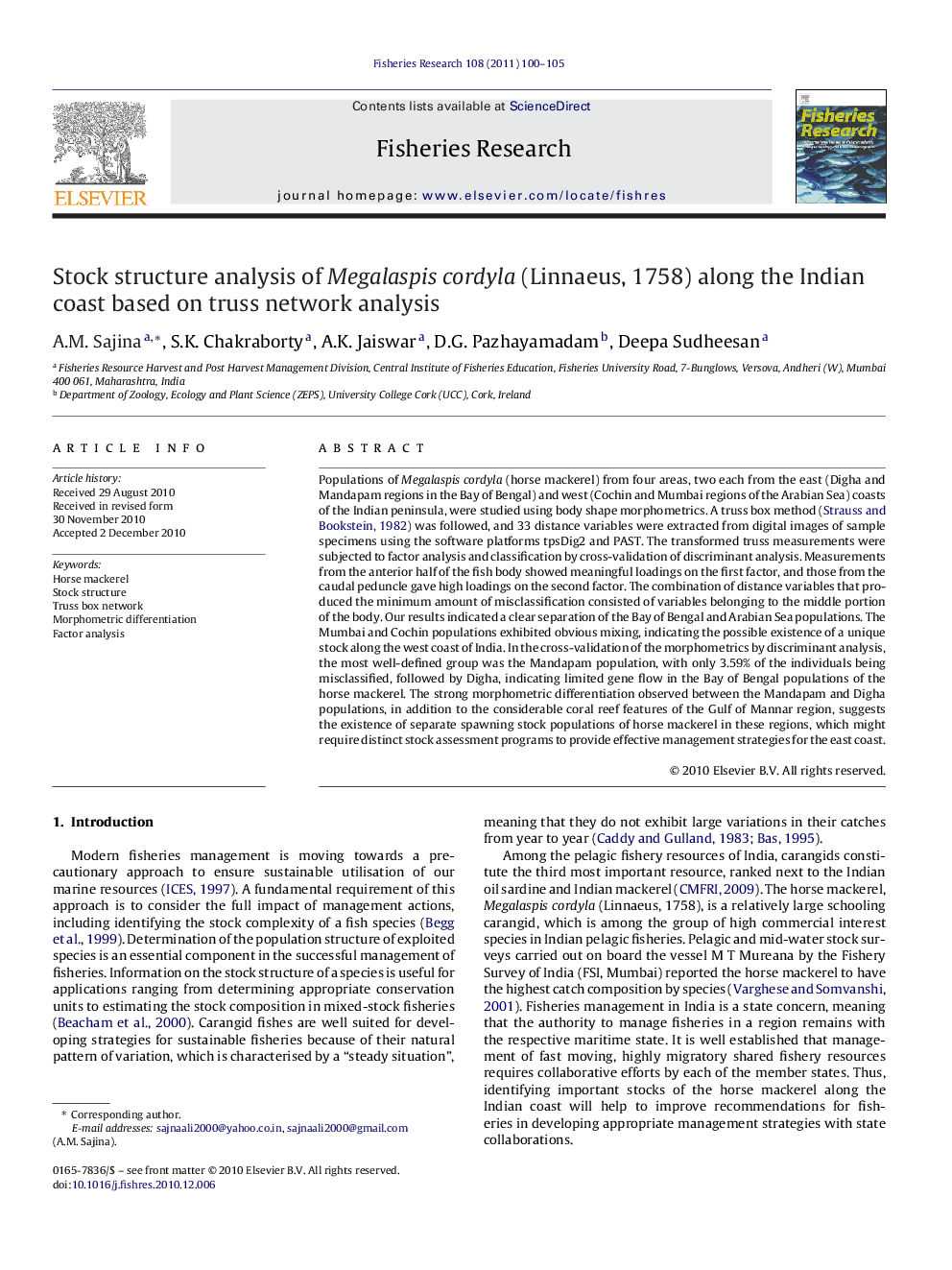 Stock structure analysis of Megalaspis cordyla (Linnaeus, 1758) along the Indian coast based on truss network analysis