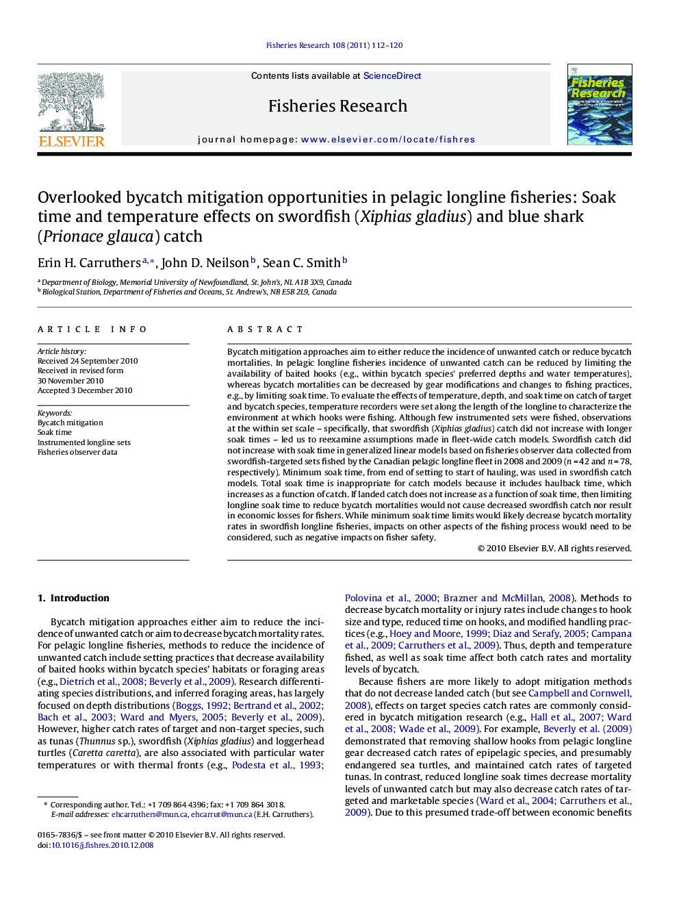 Overlooked bycatch mitigation opportunities in pelagic longline fisheries: Soak time and temperature effects on swordfish (Xiphias gladius) and blue shark (Prionace glauca) catch