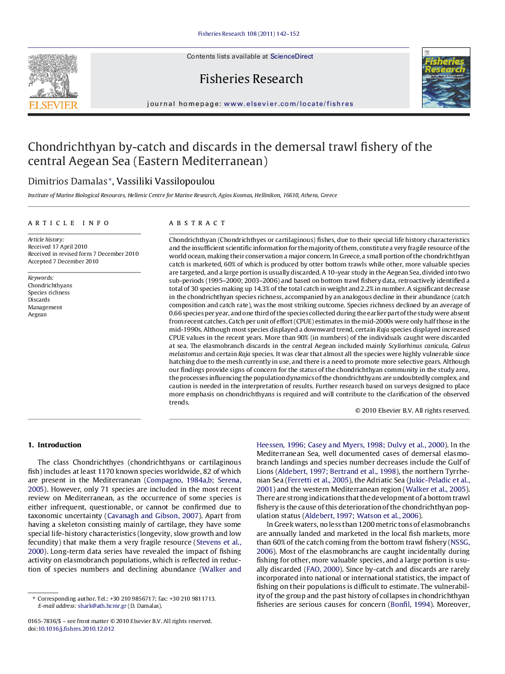 Chondrichthyan by-catch and discards in the demersal trawl fishery of the central Aegean Sea (Eastern Mediterranean)