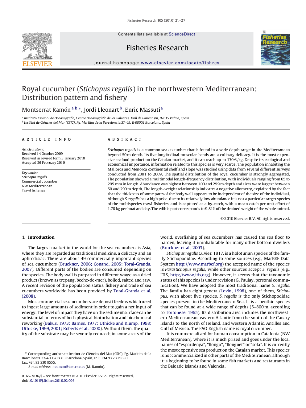 Royal cucumber (Stichopus regalis) in the northwestern Mediterranean: Distribution pattern and fishery