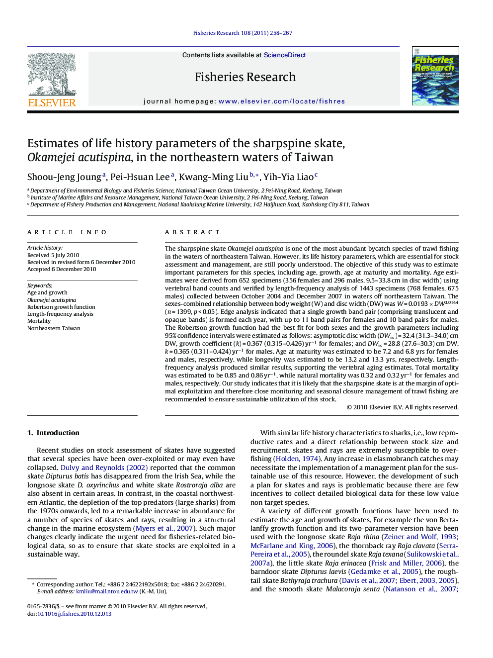 Estimates of life history parameters of the sharpspine skate, Okamejei acutispina, in the northeastern waters of Taiwan
