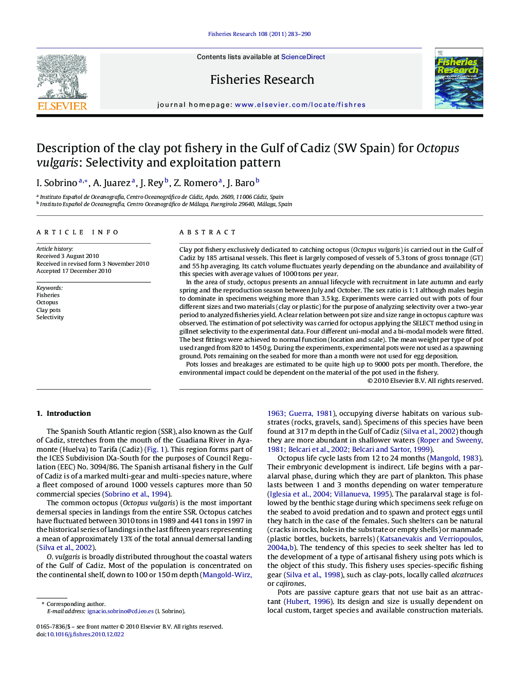 Description of the clay pot fishery in the Gulf of Cadiz (SW Spain) for Octopus vulgaris: Selectivity and exploitation pattern