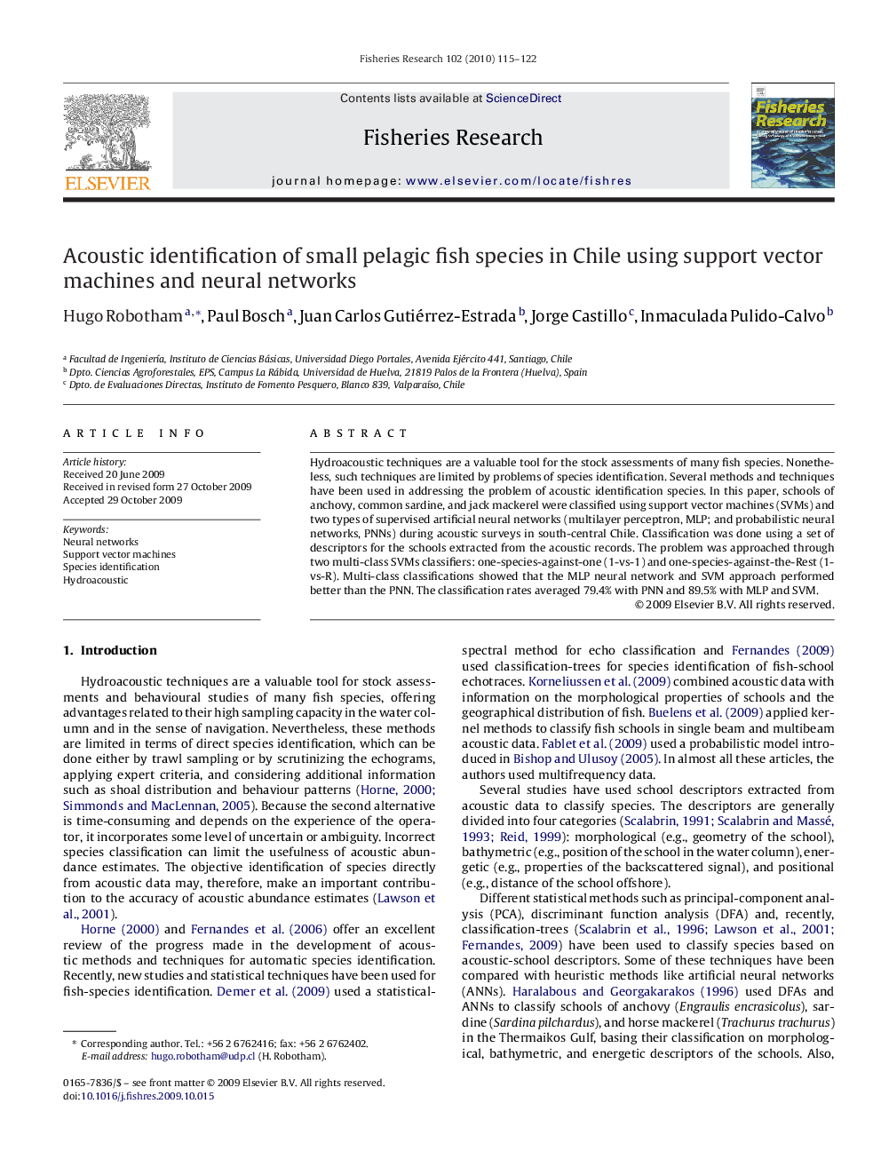 Acoustic identification of small pelagic fish species in Chile using support vector machines and neural networks