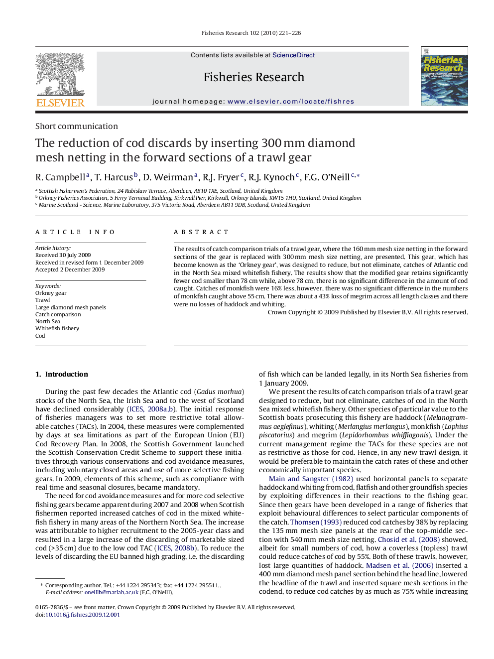 The reduction of cod discards by inserting 300 mm diamond mesh netting in the forward sections of a trawl gear