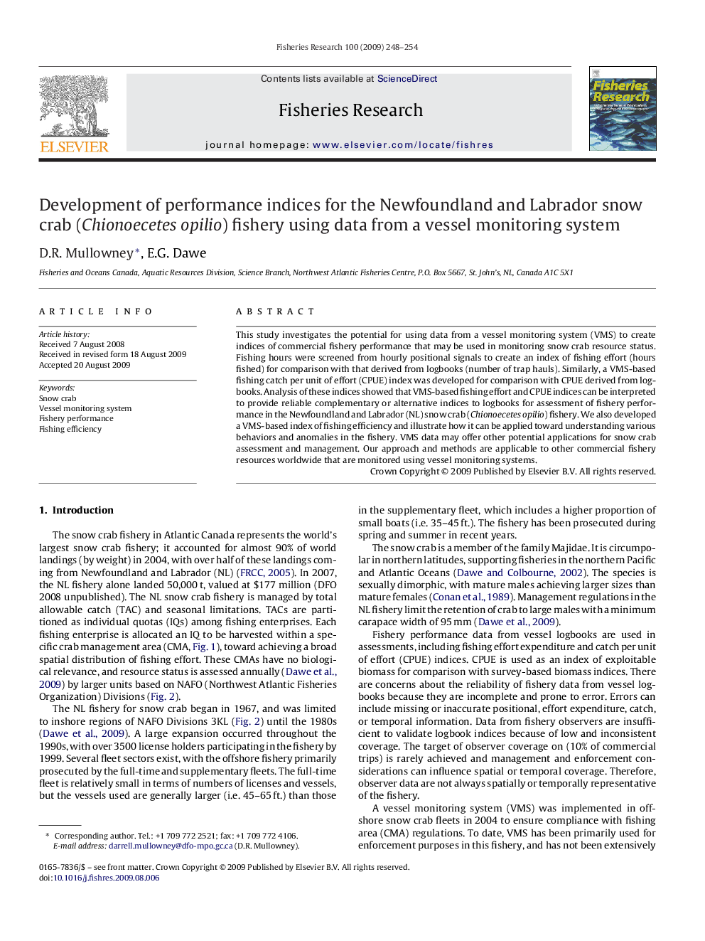 Development of performance indices for the Newfoundland and Labrador snow crab (Chionoecetes opilio) fishery using data from a vessel monitoring system