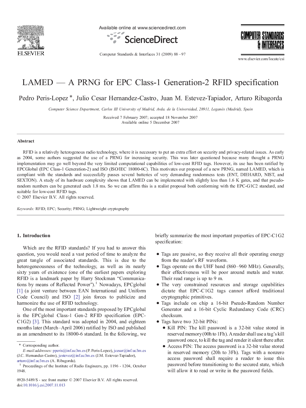 LAMED — A PRNG for EPC Class-1 Generation-2 RFID specification