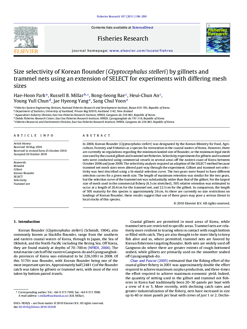 Size selectivity of Korean flounder (Glyptocephalus stelleri) by gillnets and trammel nets using an extension of SELECT for experiments with differing mesh sizes