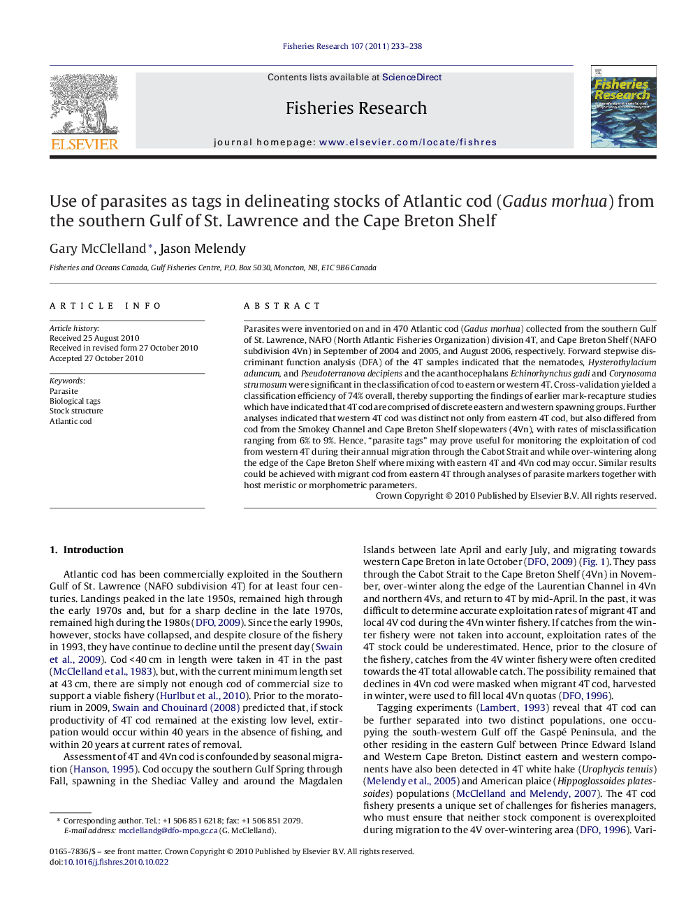 Use of parasites as tags in delineating stocks of Atlantic cod (Gadus morhua) from the southern Gulf of St. Lawrence and the Cape Breton Shelf