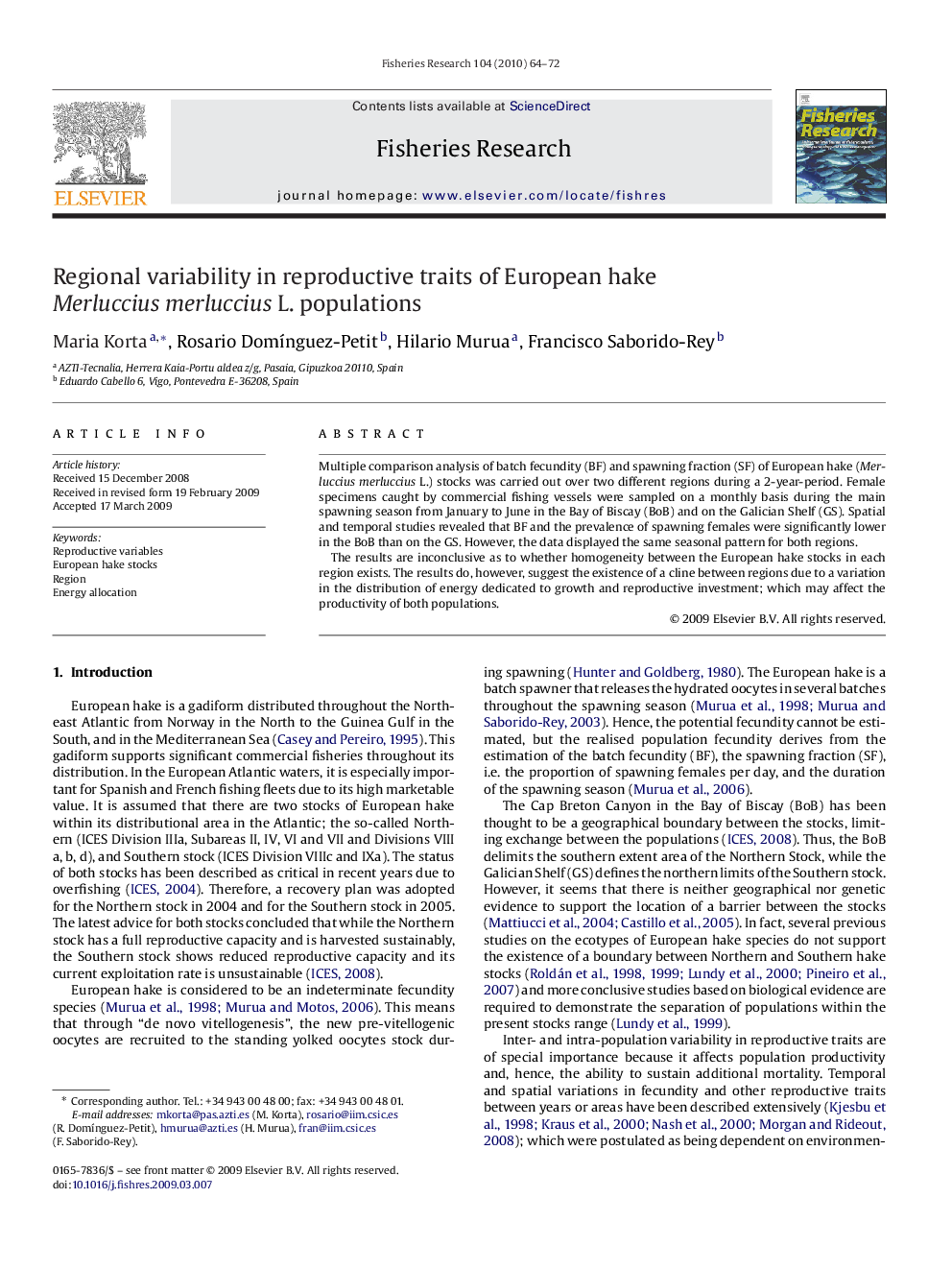 Regional variability in reproductive traits of European hake Merluccius merluccius L. populations