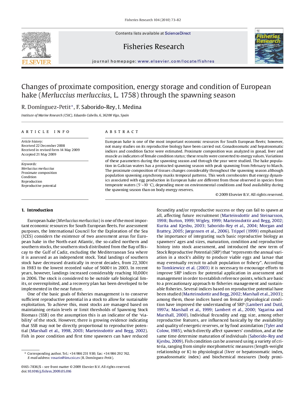 Changes of proximate composition, energy storage and condition of European hake (Merluccius merluccius, L. 1758) through the spawning season