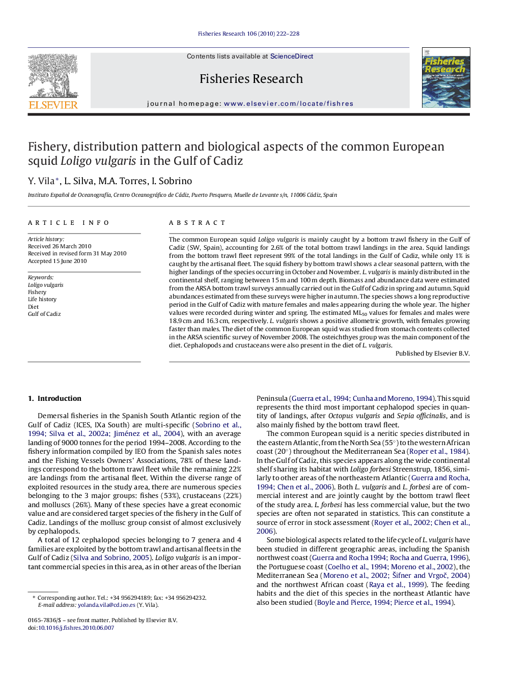 Fishery, distribution pattern and biological aspects of the common European squid Loligo vulgaris in the Gulf of Cadiz