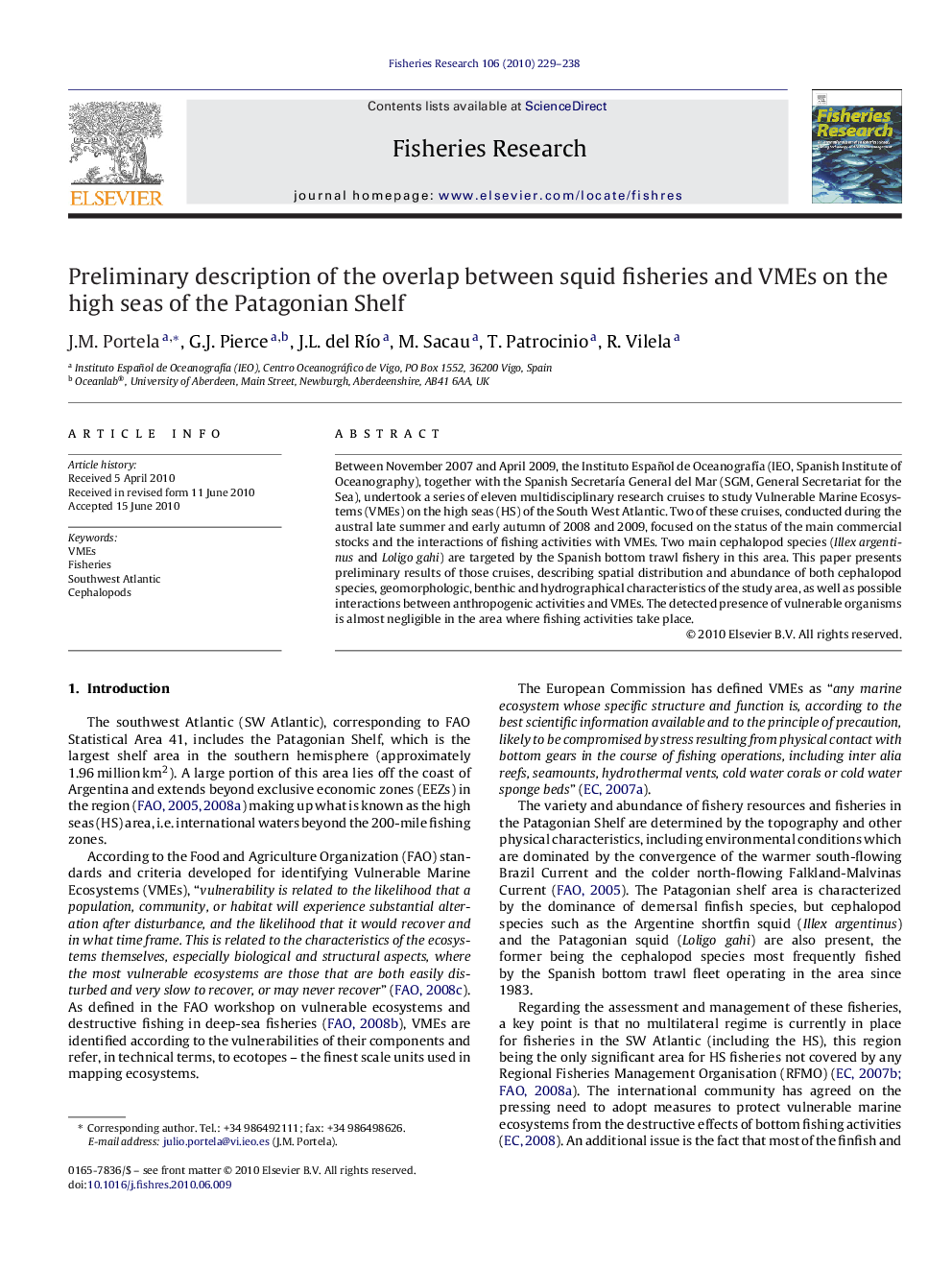 Preliminary description of the overlap between squid fisheries and VMEs on the high seas of the Patagonian Shelf