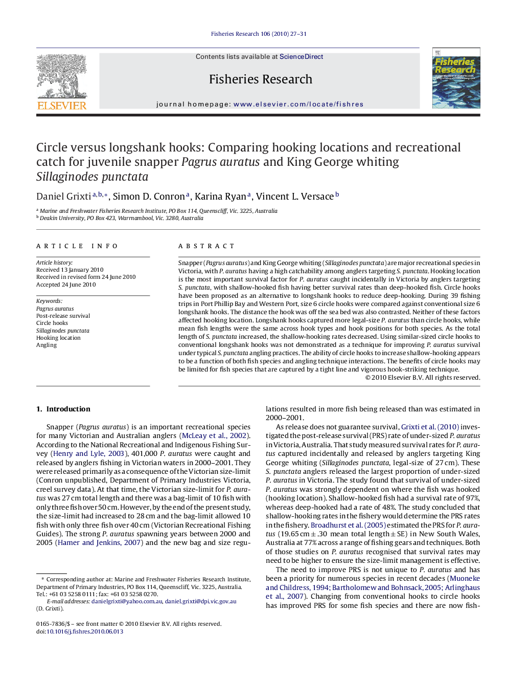 Circle versus longshank hooks: Comparing hooking locations and recreational catch for juvenile snapper Pagrus auratus and King George whiting Sillaginodes punctata