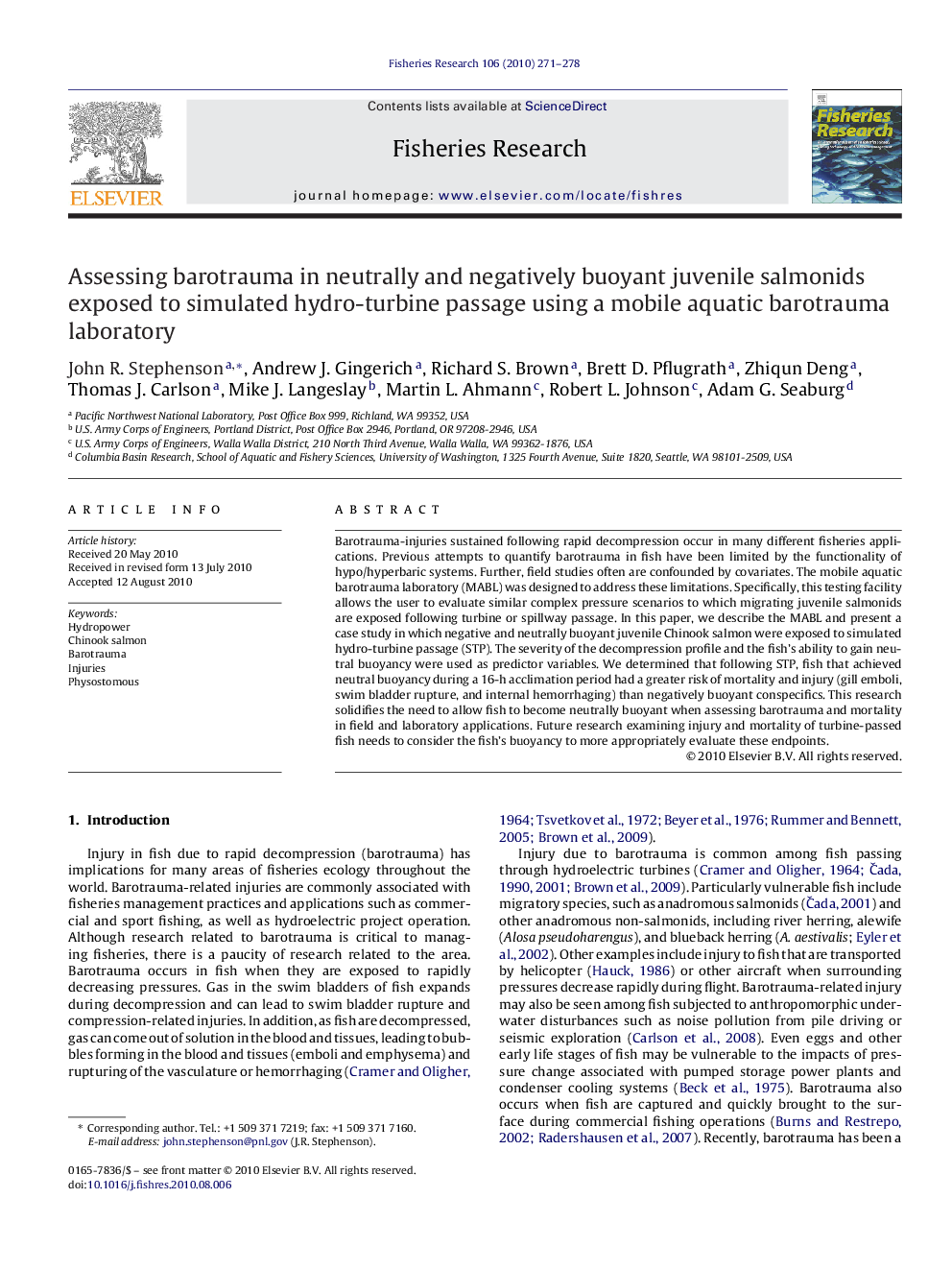 Assessing barotrauma in neutrally and negatively buoyant juvenile salmonids exposed to simulated hydro-turbine passage using a mobile aquatic barotrauma laboratory