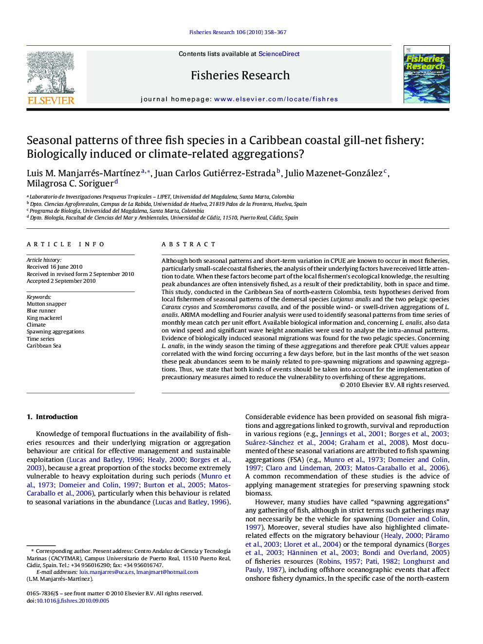 Seasonal patterns of three fish species in a Caribbean coastal gill-net fishery: Biologically induced or climate-related aggregations?