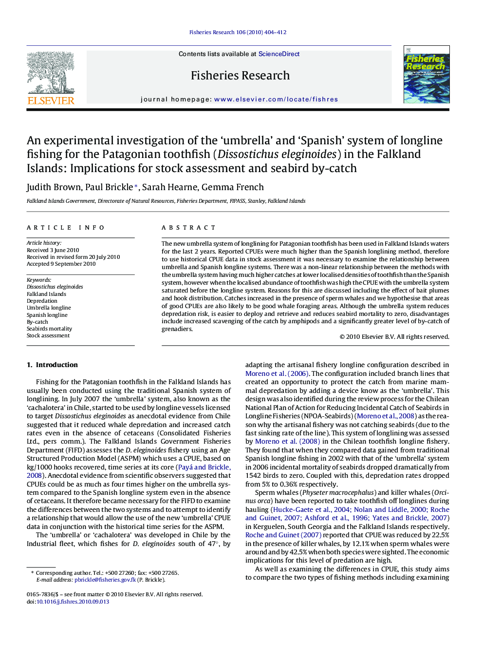 An experimental investigation of the 'umbrella' and 'Spanish' system of longline fishing for the Patagonian toothfish (Dissostichus eleginoides) in the Falkland Islands: Implications for stock assessment and seabird by-catch