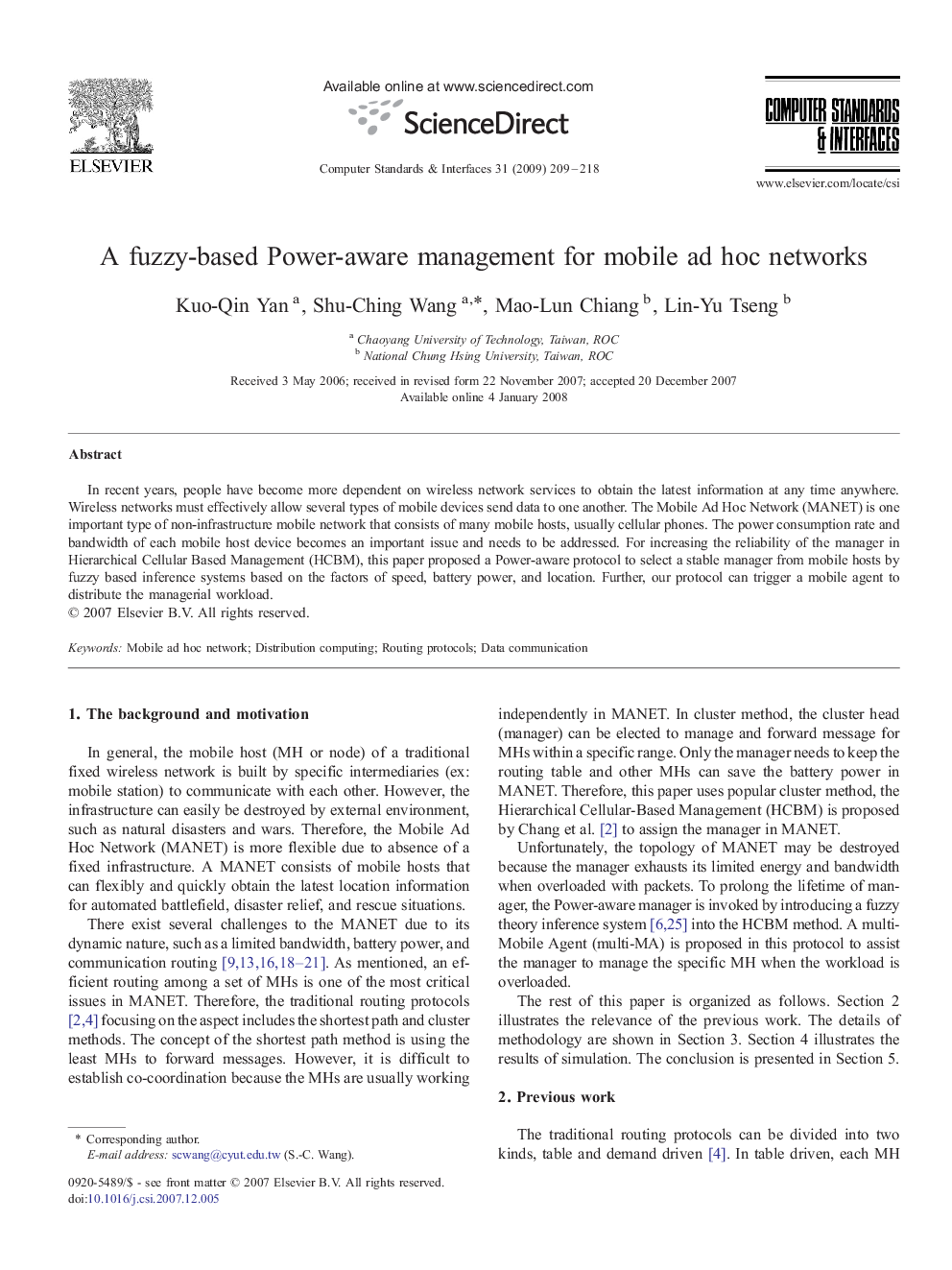 A fuzzy-based Power-aware management for mobile ad hoc networks