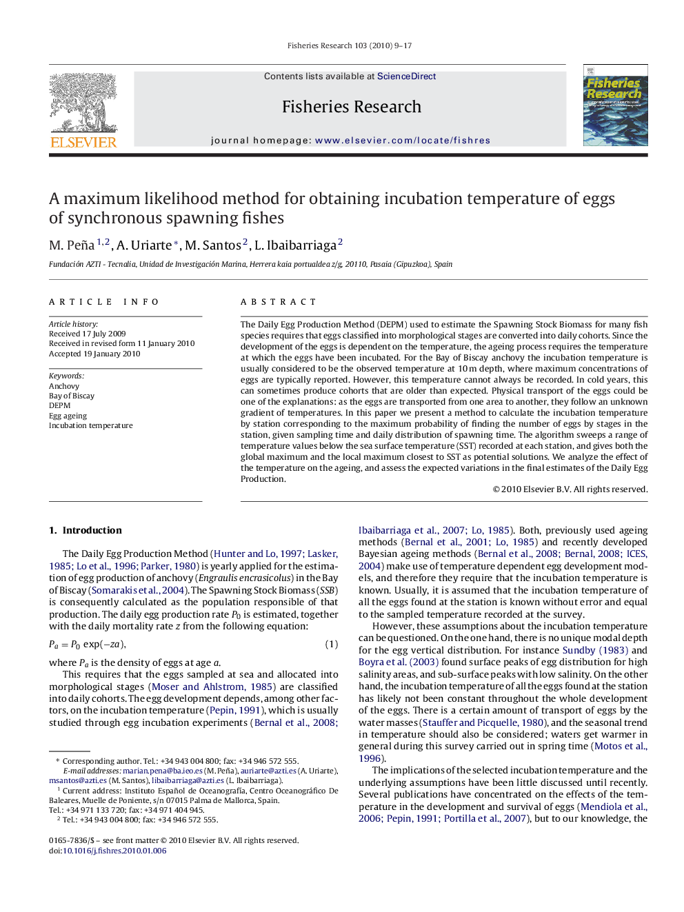 A maximum likelihood method for obtaining incubation temperature of eggs of synchronous spawning fishes