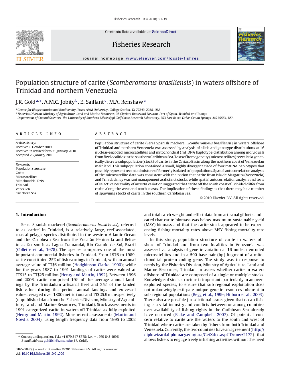 Population structure of carite (Scomberomorus brasiliensis) in waters offshore of Trinidad and northern Venezuela