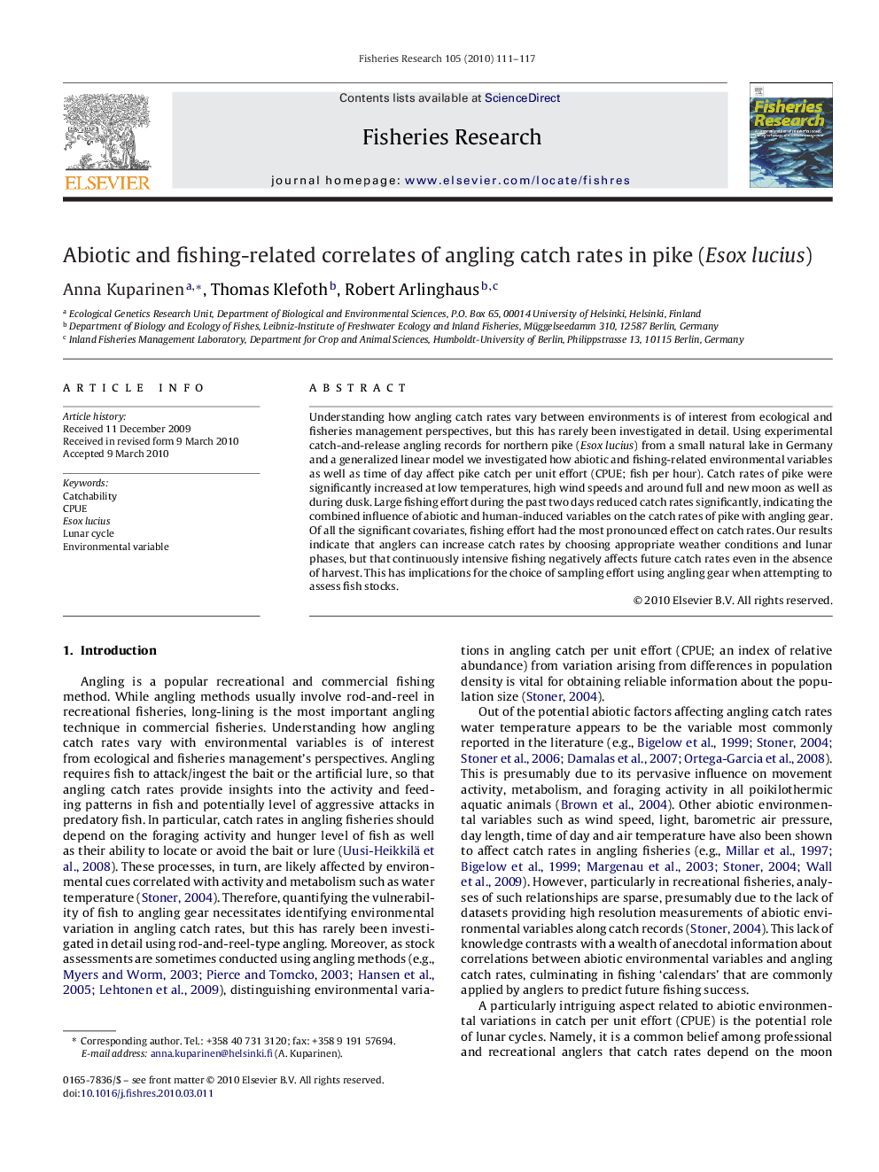 Abiotic and fishing-related correlates of angling catch rates in pike (Esox lucius)