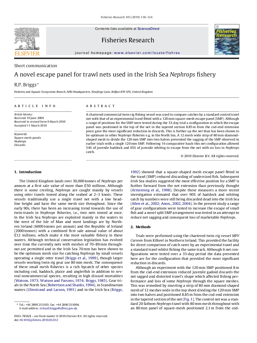 A novel escape panel for trawl nets used in the Irish Sea Nephrops fishery