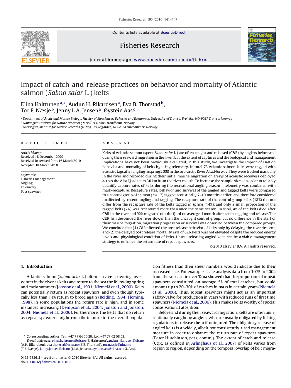 Impact of catch-and-release practices on behavior and mortality of Atlantic salmon (Salmo salar L.) kelts