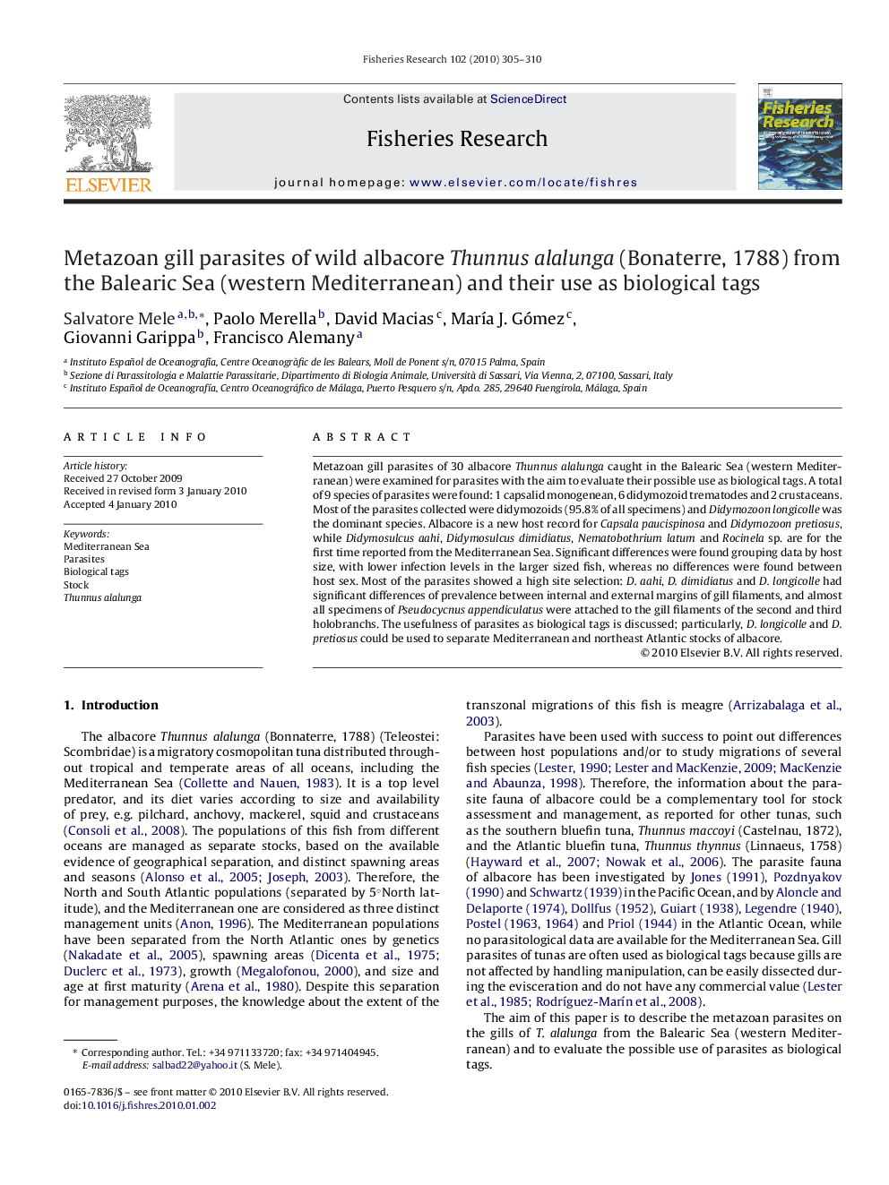 Metazoan gill parasites of wild albacore Thunnus alalunga (Bonaterre, 1788) from the Balearic Sea (western Mediterranean) and their use as biological tags