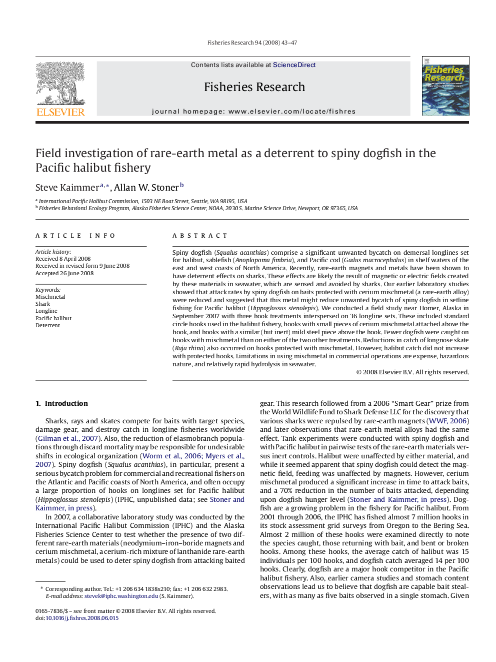 Field investigation of rare-earth metal as a deterrent to spiny dogfish in the Pacific halibut fishery