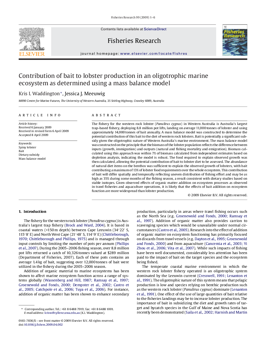 Contribution of bait to lobster production in an oligotrophic marine ecosystem as determined using a mass balance model