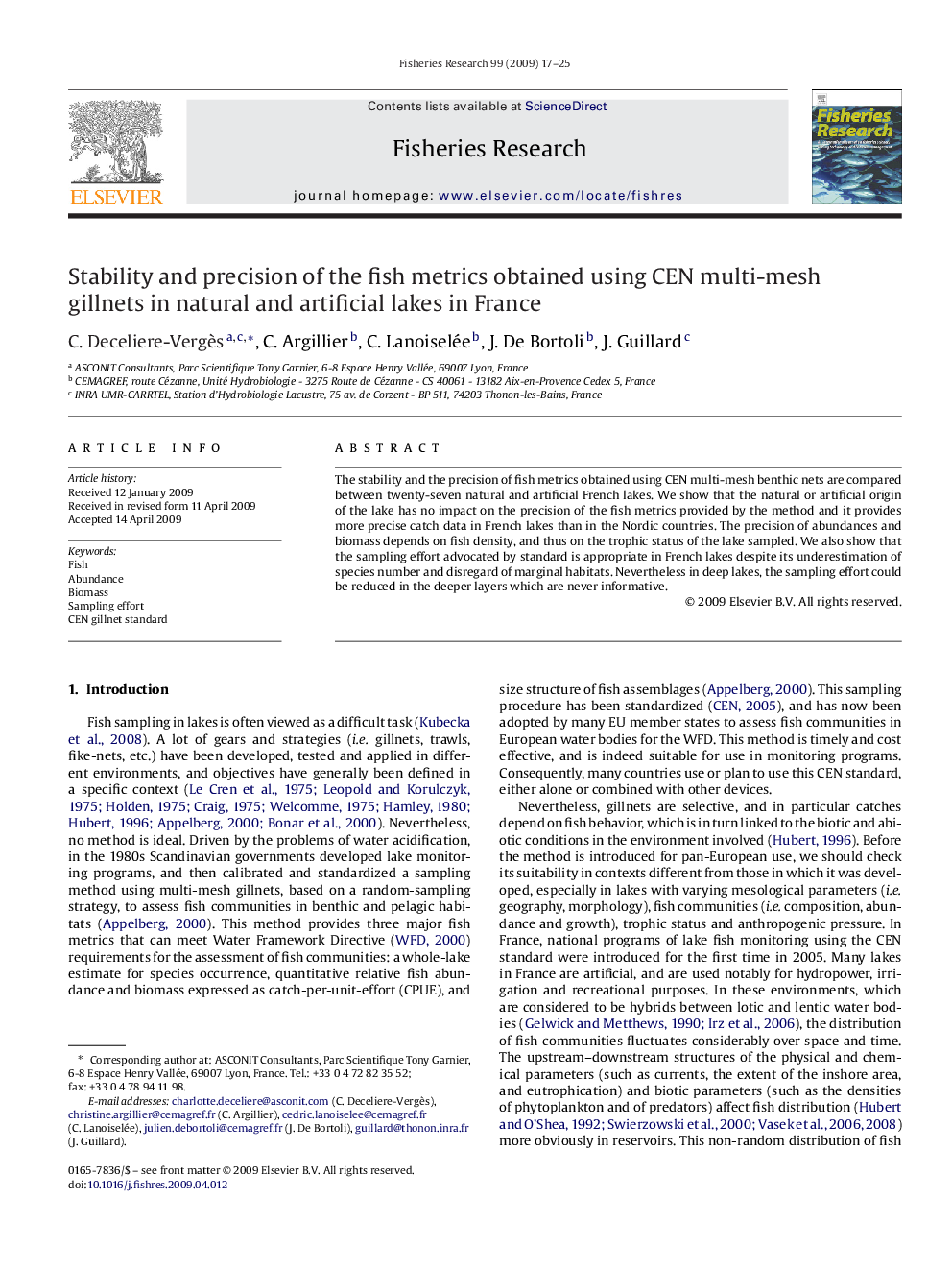 Stability and precision of the fish metrics obtained using CEN multi-mesh gillnets in natural and artificial lakes in France