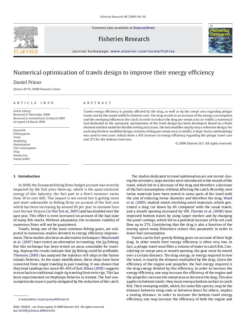 Numerical optimisation of trawls design to improve their energy efficiency