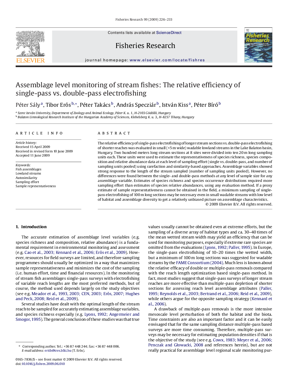 Assemblage level monitoring of stream fishes: The relative efficiency of single-pass vs. double-pass electrofishing