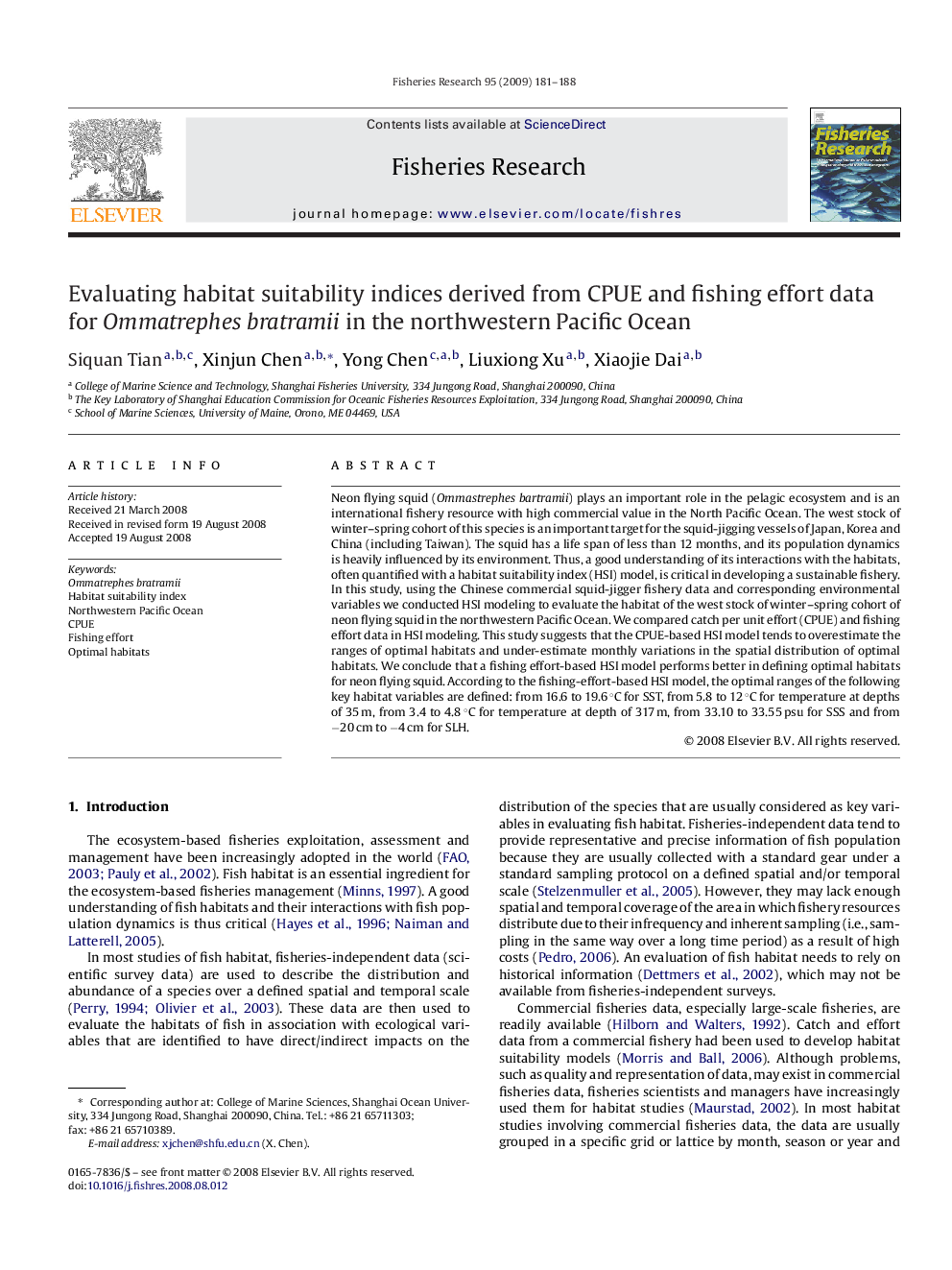 Evaluating habitat suitability indices derived from CPUE and fishing effort data for Ommatrephes bratramii in the northwestern Pacific Ocean