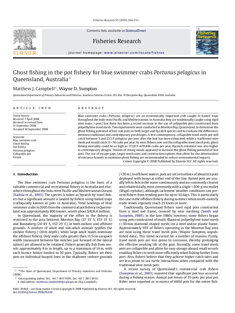 Ghost fishing in the pot fishery for blue swimmer crabs Portunus pelagicus in Queensland, Australia 