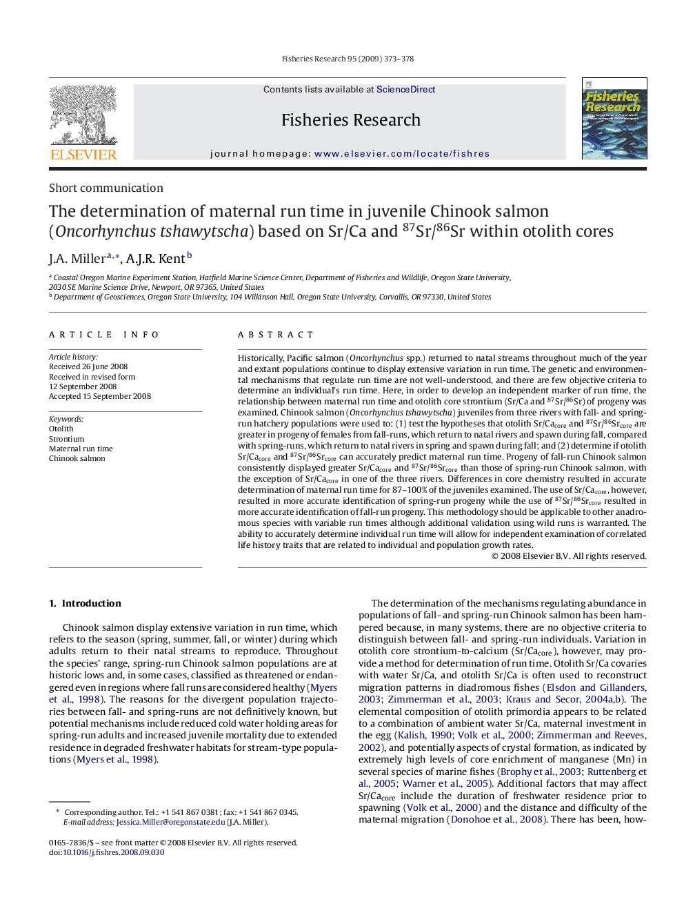 The determination of maternal run time in juvenile Chinook salmon (Oncorhynchus tshawytscha) based on Sr/Ca and 87Sr/86Sr within otolith cores