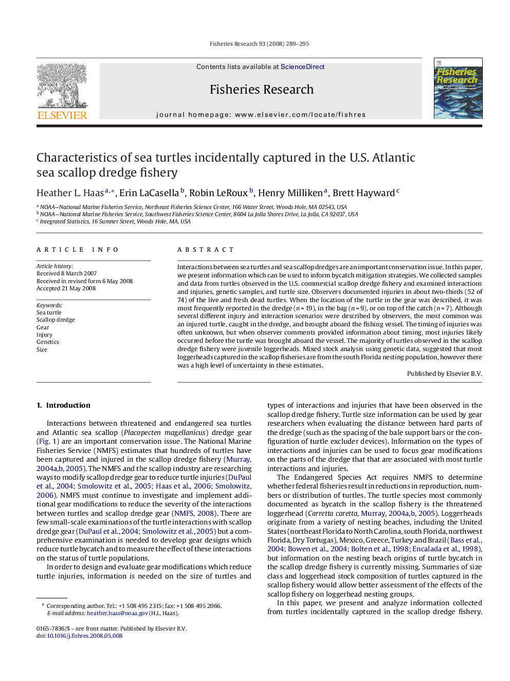 Characteristics of sea turtles incidentally captured in the U.S. Atlantic sea scallop dredge fishery