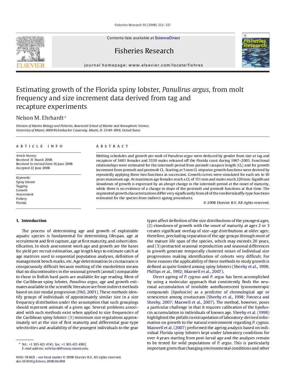 Estimating growth of the Florida spiny lobster, Panulirus argus, from molt frequency and size increment data derived from tag and recapture experiments